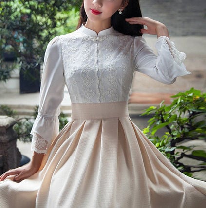 お上品お嬢様風ドッキングフレアワンピース マキシ デート OL | BIANKA