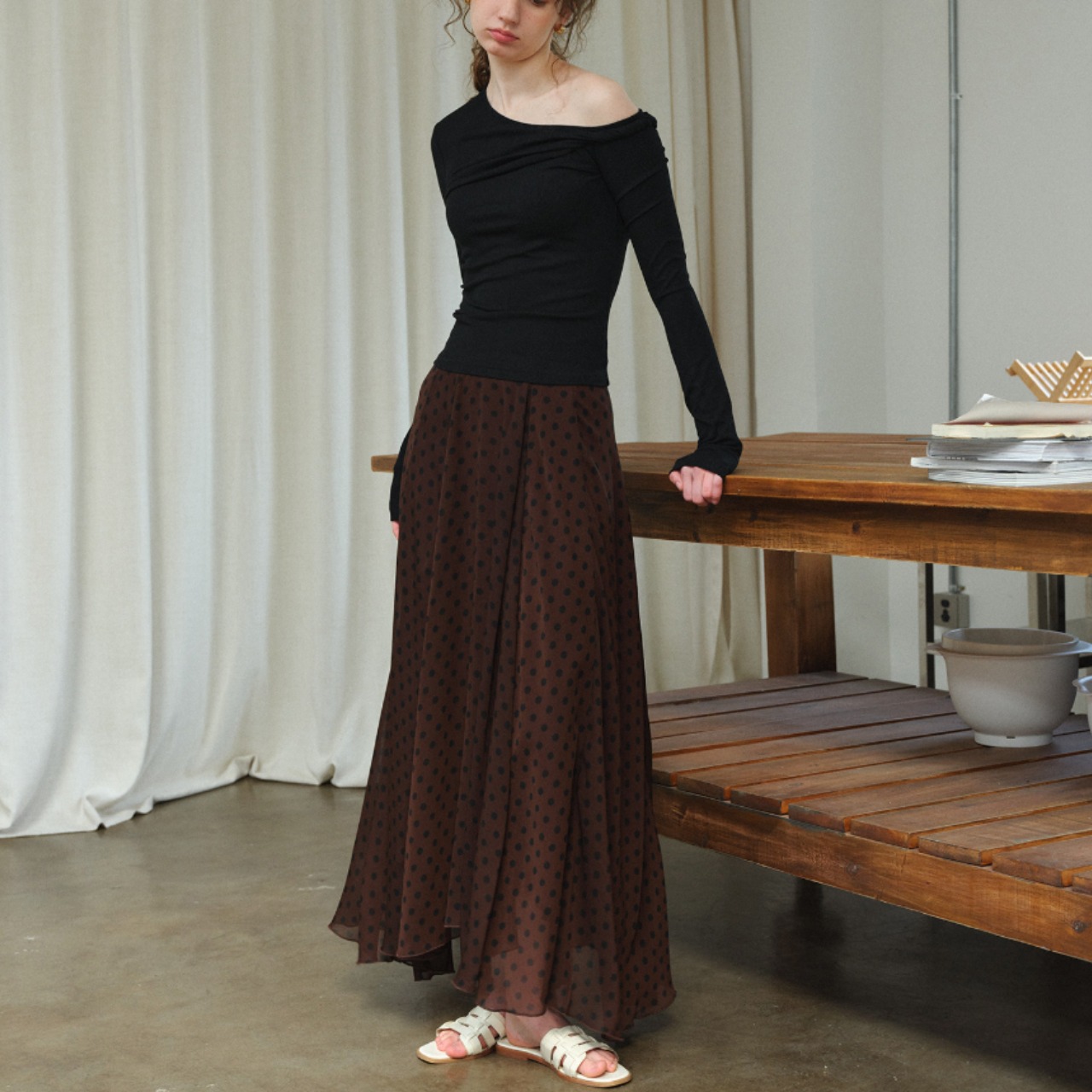 Brun Polka Dot Flare Long Skirt F0676