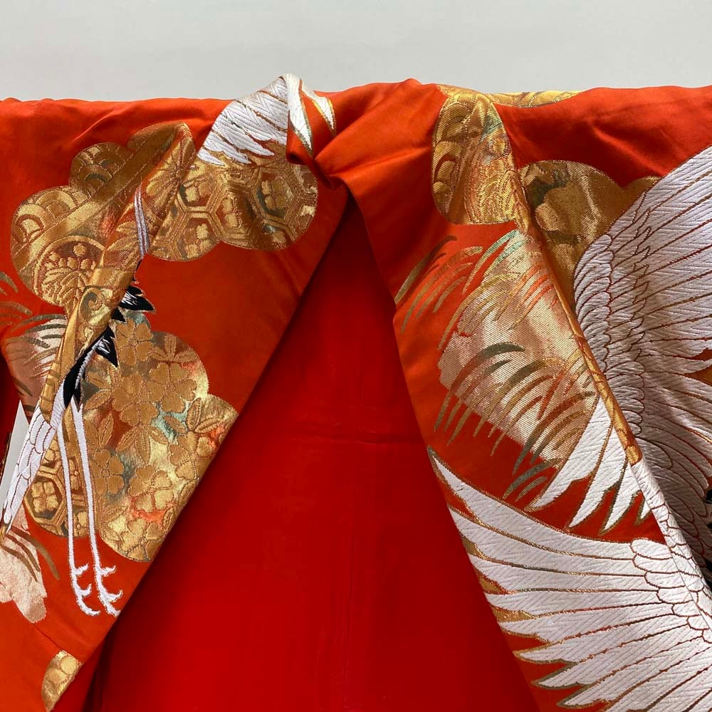 色打掛 正絹 鶴 刺繍 金 オレンジ 打掛 花嫁衣裳 婚礼 リサイクル 中古  