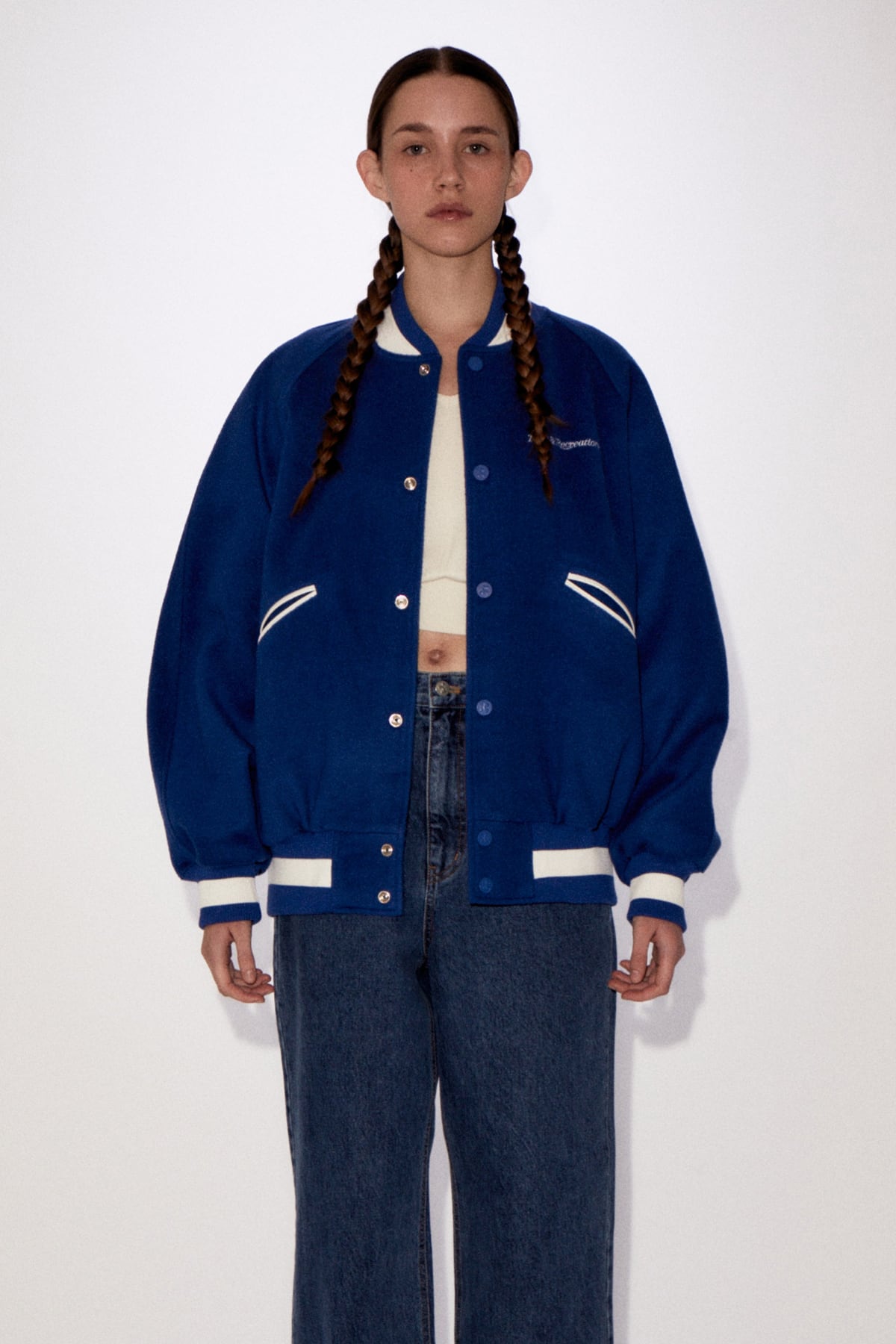 rest & recreation] RR BOUCLE EMBROIDERY VARSITY JACKET - BLUE 正規 