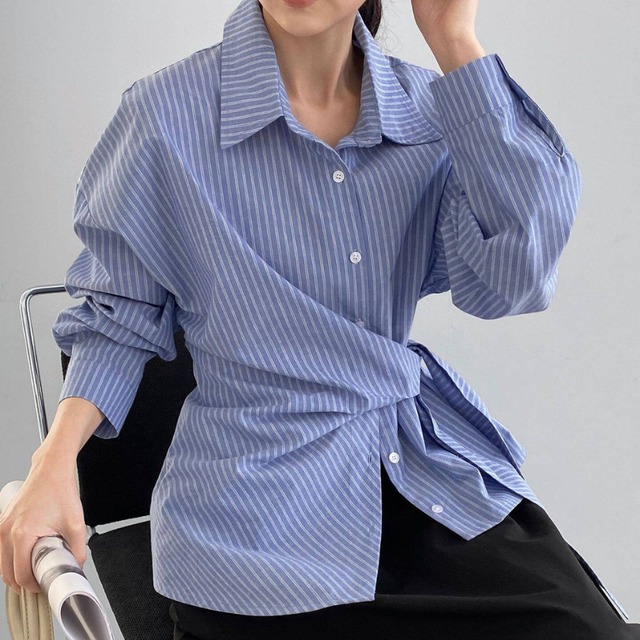 waist-ribbon stripe shirt　J00495