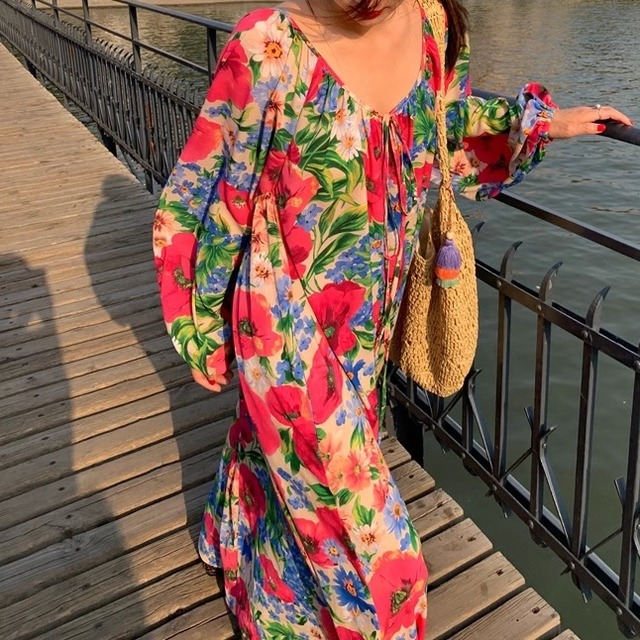 elegant floral cotton maxi dress 〈d101000〉