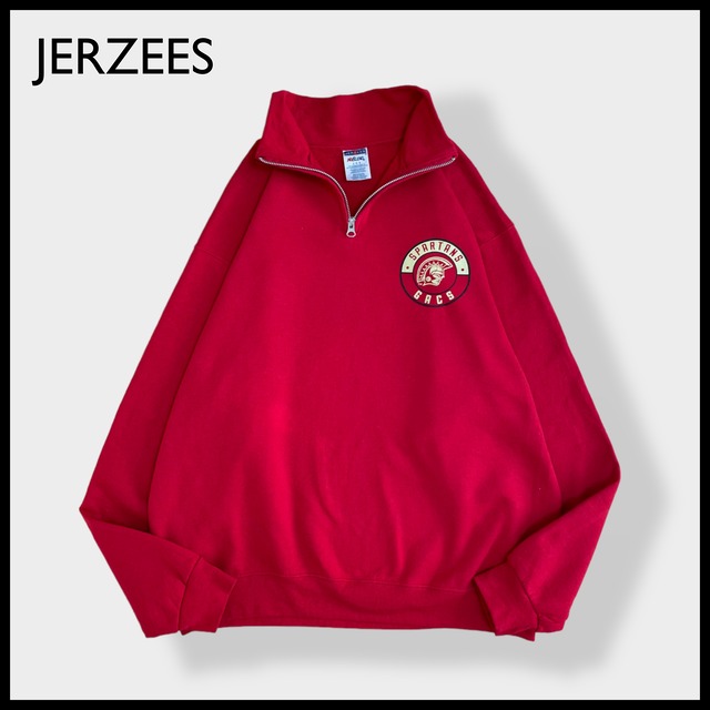 【JERZEES】SPARTAN STORE 洋服店 ショップロゴ ワンポイントロゴ プリント ハーフジップ スウェット プルオーバー アドバタイジング L 赤 US古着