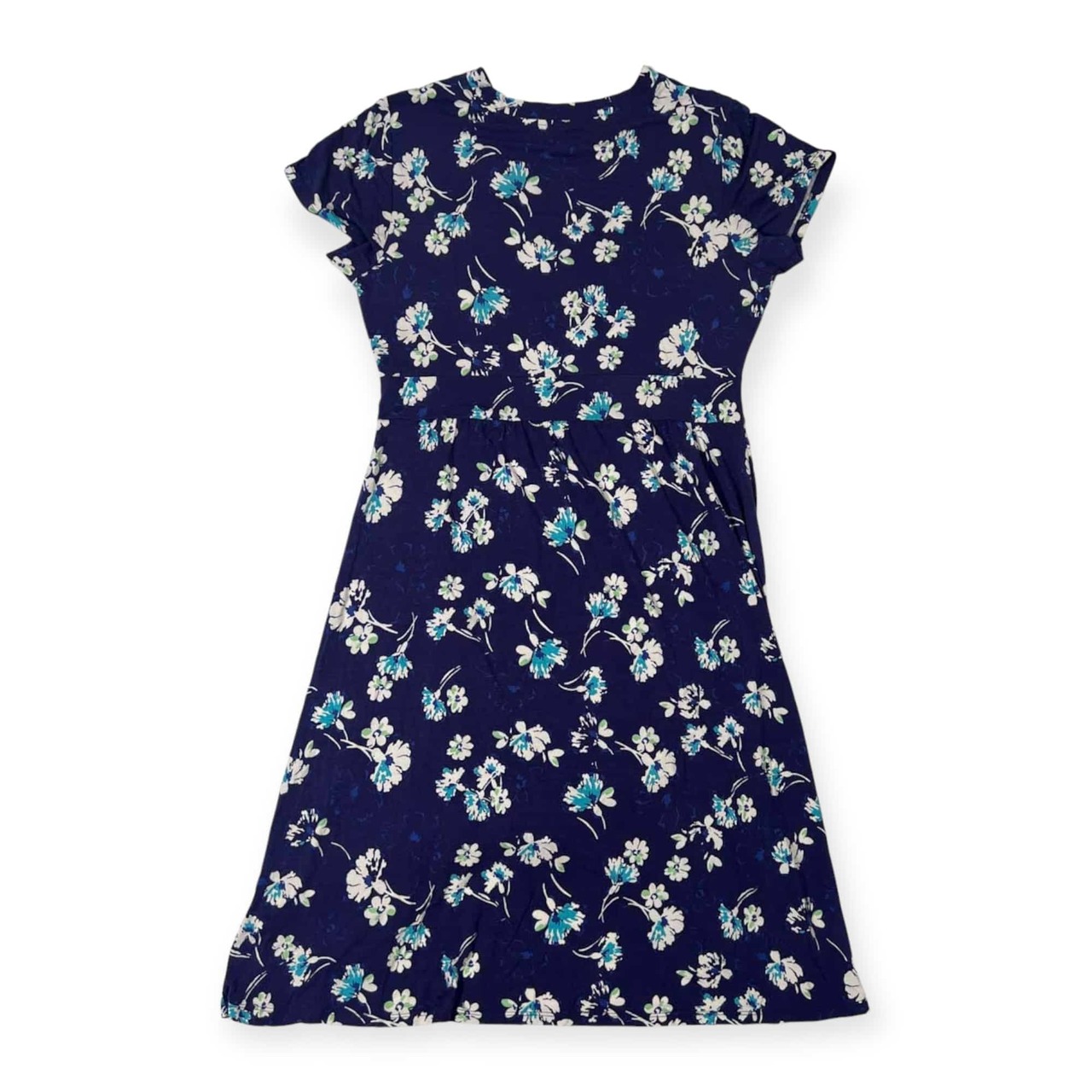 L.L.Bean エルエルビーン 花柄 ショールカラー レーヨン 半袖 ワンピース XL REG/ブルー系 レディース