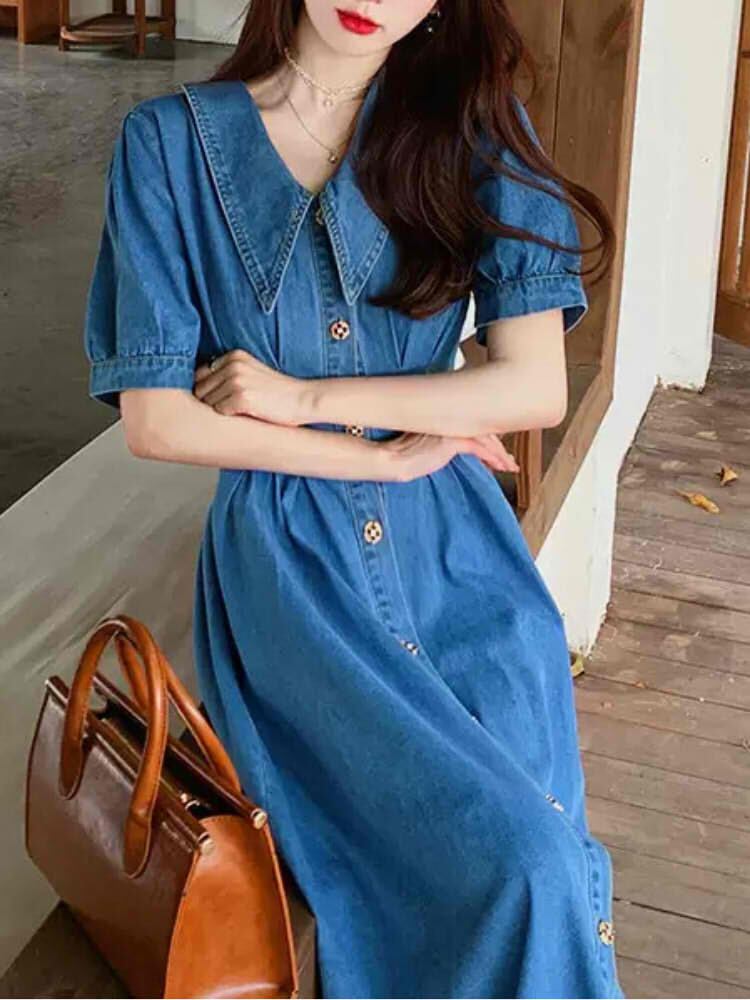 ロングポイントカラーデニムワンピース カジュアルコーデ 大人可愛い 半袖 パフスリーブ 大きいサイズ 韓国 Ch4367 可愛い大きいサイズ韓国レディースファッション通販 Chulachula チュラチュラ