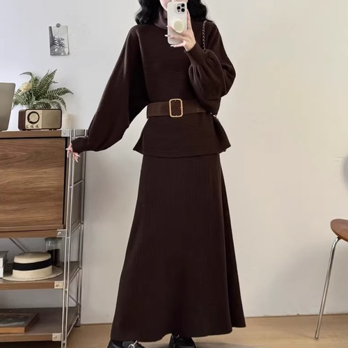 【2点セット】2色／パフスリーブタートルニットトップス＋マキシスカート＋ベルト ・73973