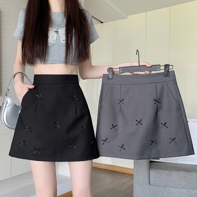 【予約販売】 スカート ハイウエスト ミニスカート レディース リボン ブラック グレー こなれ感 大人可愛い シンプル おしゃれ 韓国 秋 春 夏 デート トレンド S/M/L/XL/