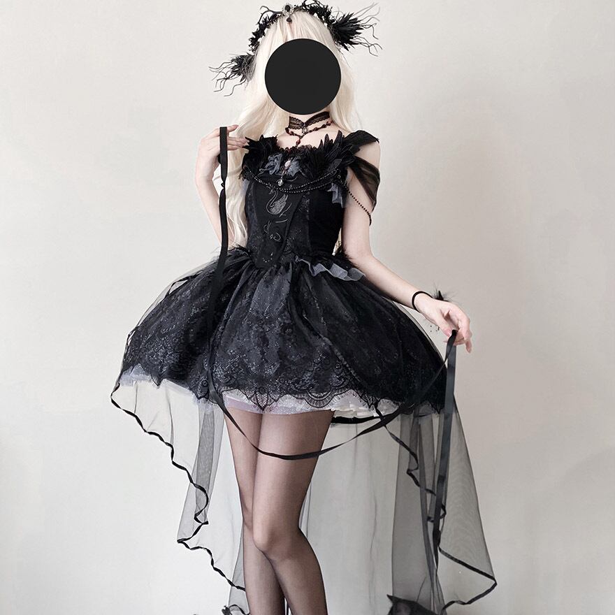 ゴスロリ ワンピース 黒鳥 ドレス 黒 アシンメトリー レース フェザー