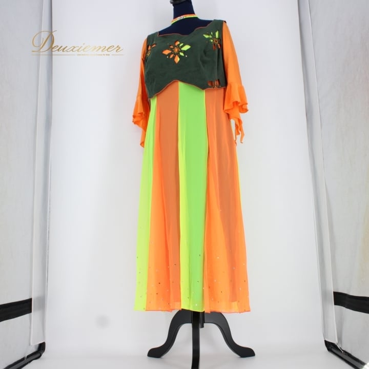 日本製社交ダンス衣装】ワンピース ドレス オレンジ ラインストーン M