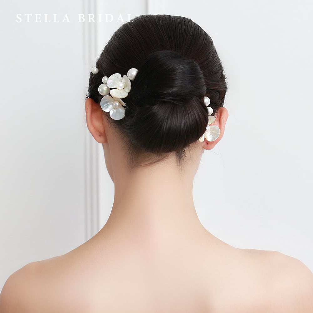 受注生産品】シェルと淡水パールのフラワーヘアピン 3ピースセット