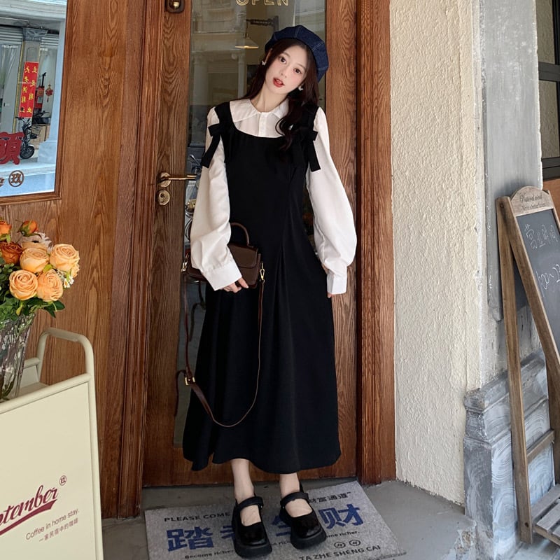 【新作】【送料無料】 太った女の子の年齢を減らすロングスカートのためのレトロな優しいスタイルのスプライシング偽ツーピースリボンシャツドレスの実際のショット 0225001155010