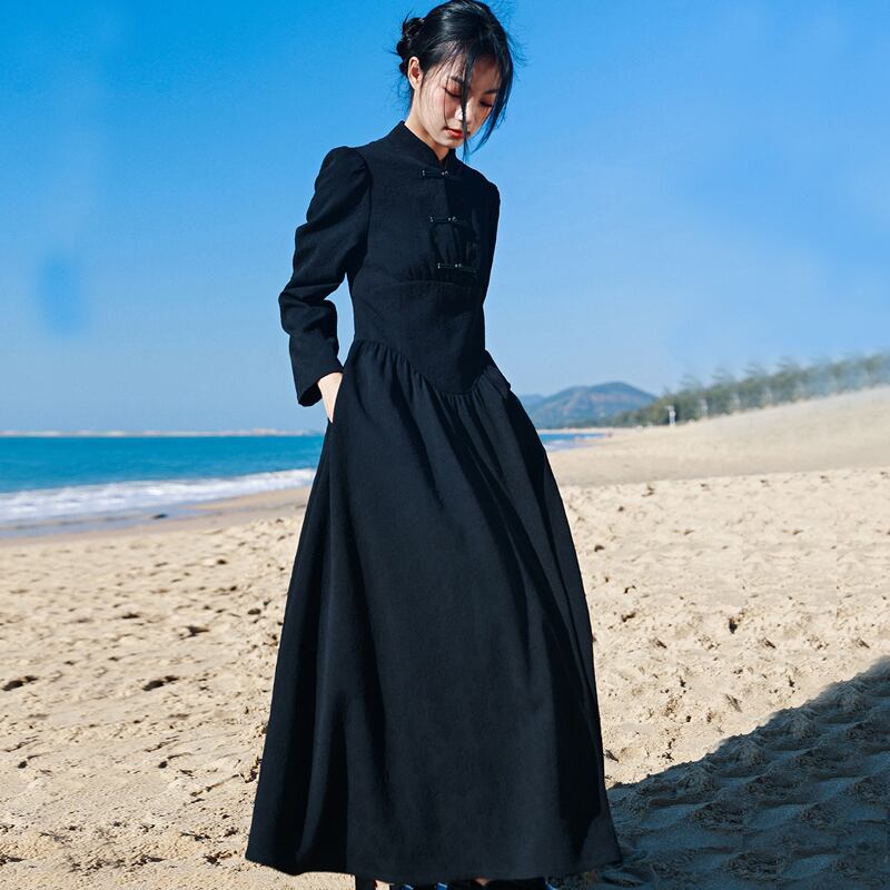 大青龍肆シリーズ チャイナ風ワンピース ロング丈 中華服 オリジナル ブラック 黒い 気質アップ Elegant