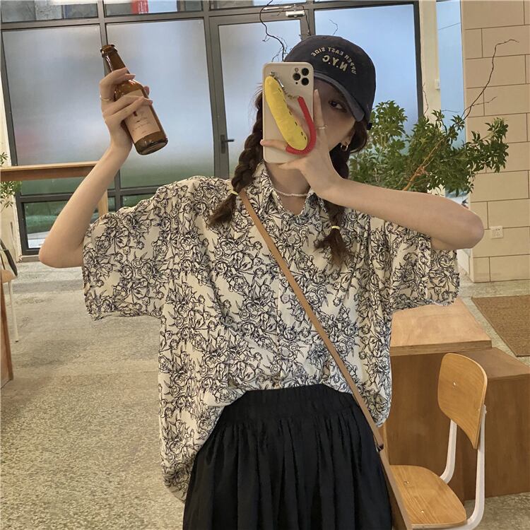 サマースタンダードカジュアルルーズプリント柄ウェストシャツ ストレッチスカート レトロ エラスティック 伸縮 夏物 ケッペル95938772443