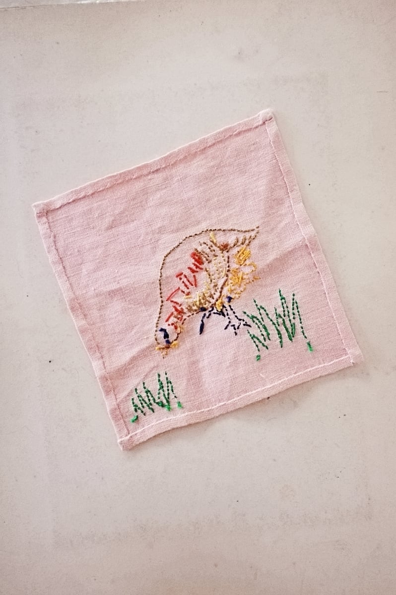 フランス リネン お散歩小鳥と刺繍クロス ドイリー アンティーク