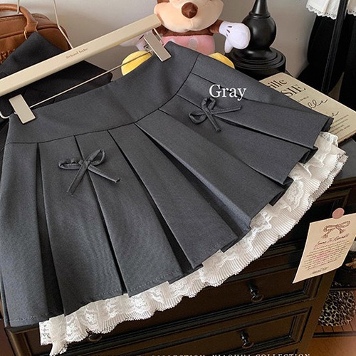 2色／レースヘムリボンプリーツミニスカ ・70728