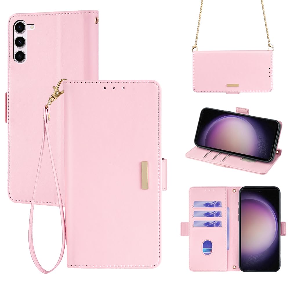 For Galaxy S23 5G ケース 手帳型 ショルダー For ギャラクシーS23 SC-51D/SCG19 財布型 カバー ストラップ長+短2本付き 肩掛け 斜めがけ 女性 おしゃれ ロングストラップ カード収納 横置き 上質な手触り 耐汚れ気質 肌感レザー 防指紋 耐久性 贈り物 COCOCLOUD ピンク