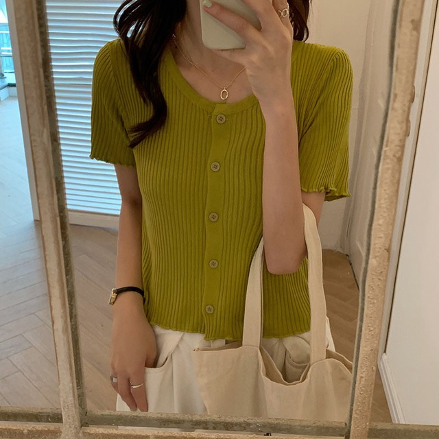 ショートニットカーディガンサマーソリッド カラースリムトップス 夏物 ソリッドカラー クレセントシティ78601871517