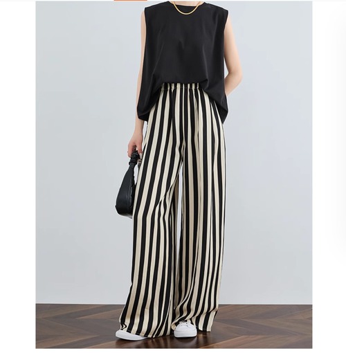 Stripe Pattern Sleeveless Tank Top High Waist Wide Leg Pants  I25009