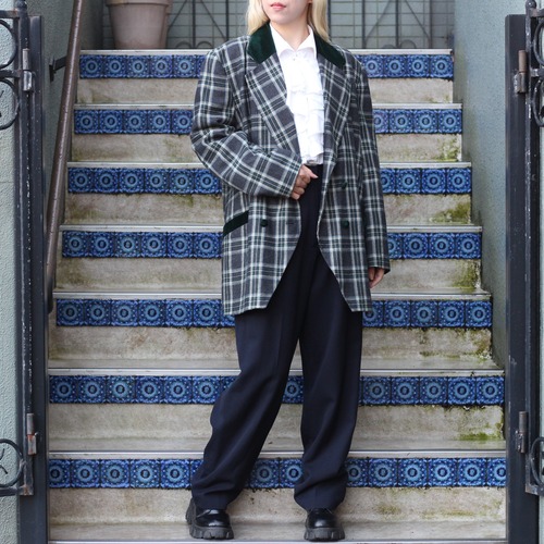 EU VINTAGE CHECK PATTERNED VELOUR COLLAR WOOL TAILORED JACKET/ヨーロッパ古着チェック柄襟ベロアウールテーラードジャケット