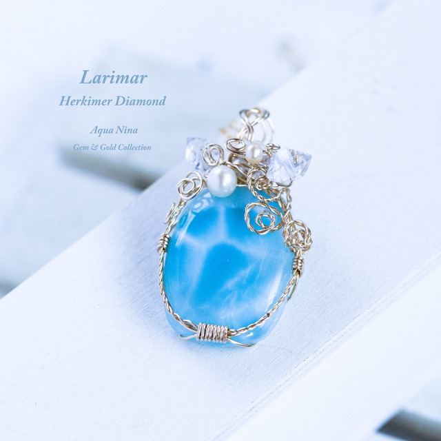 ♡ラリマーとハーキマーダイヤモンドのペンダント《一点もの》♡水瓶座満月“スタージョンムーン”特別制作♡希少14kgf