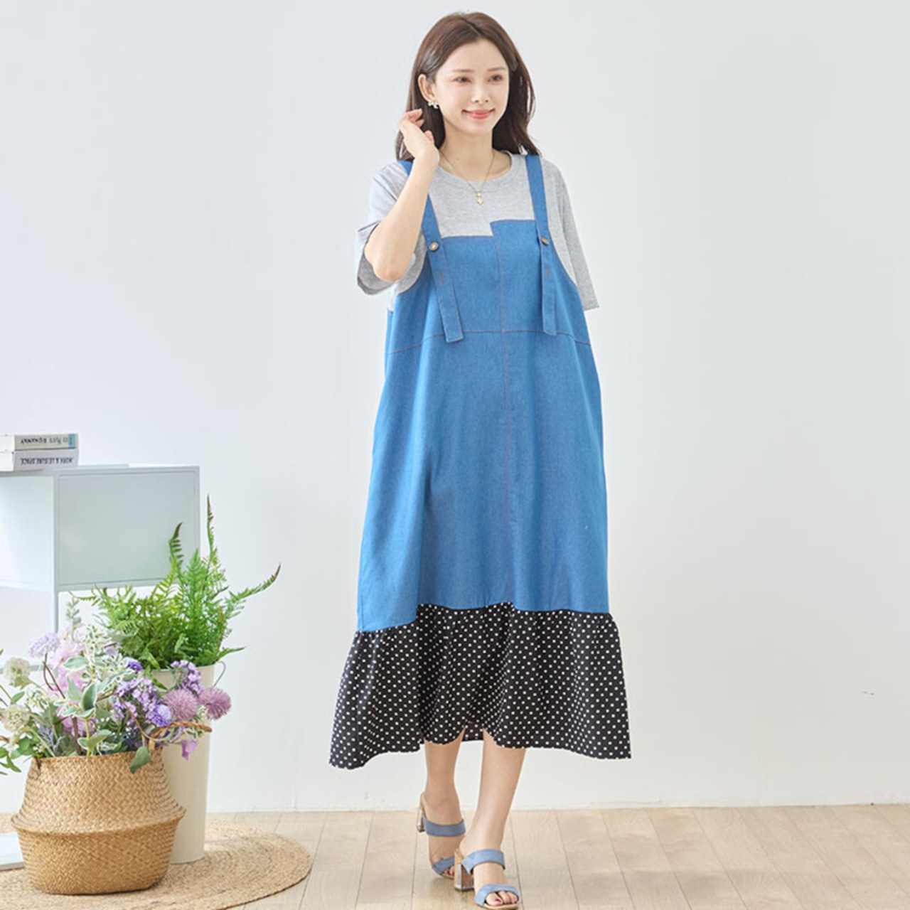 TRUBE デニム×ドット裾異素材切替サロペット風ドッキングワンピース【M~L】グレー