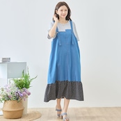TRUBE デニム×ドット裾異素材切替サロペット風ドッキングワンピース【M~L】グレー
