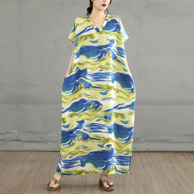 PRINT V-NECK HALF SLEEVES LONG PULLOVER DRESS 3colors M-16767