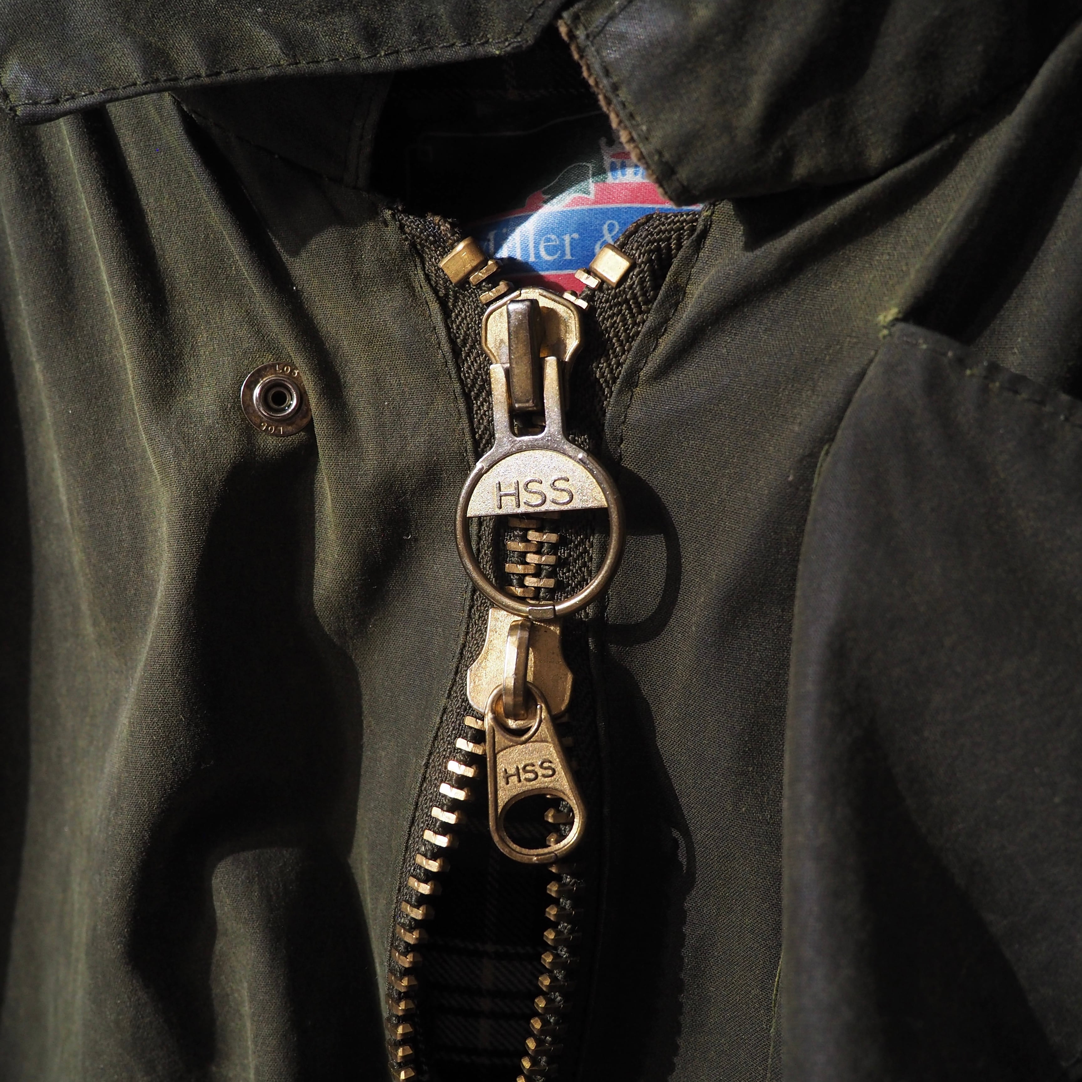 " Miller & Simons - made in England " Beautiful Olive green color vintage oiled jacket