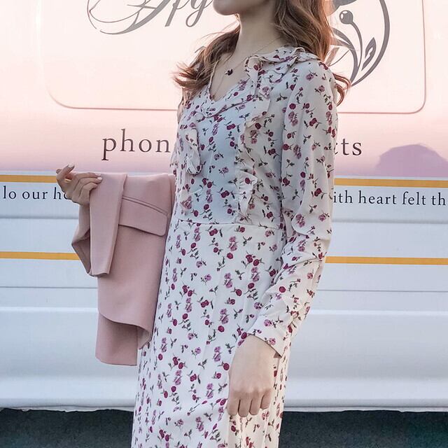 ワンピース 長袖 花柄のワンピース 小花柄 ワンピース 大人かわいいワンピース デート ワンピース ガーリーワンピース ミモレ丈 ワンピース Vネック ワンピース フリル 大人可愛い 女子会 10代 代 30代 40代 春 夏 秋 P6458 Kirari きらり