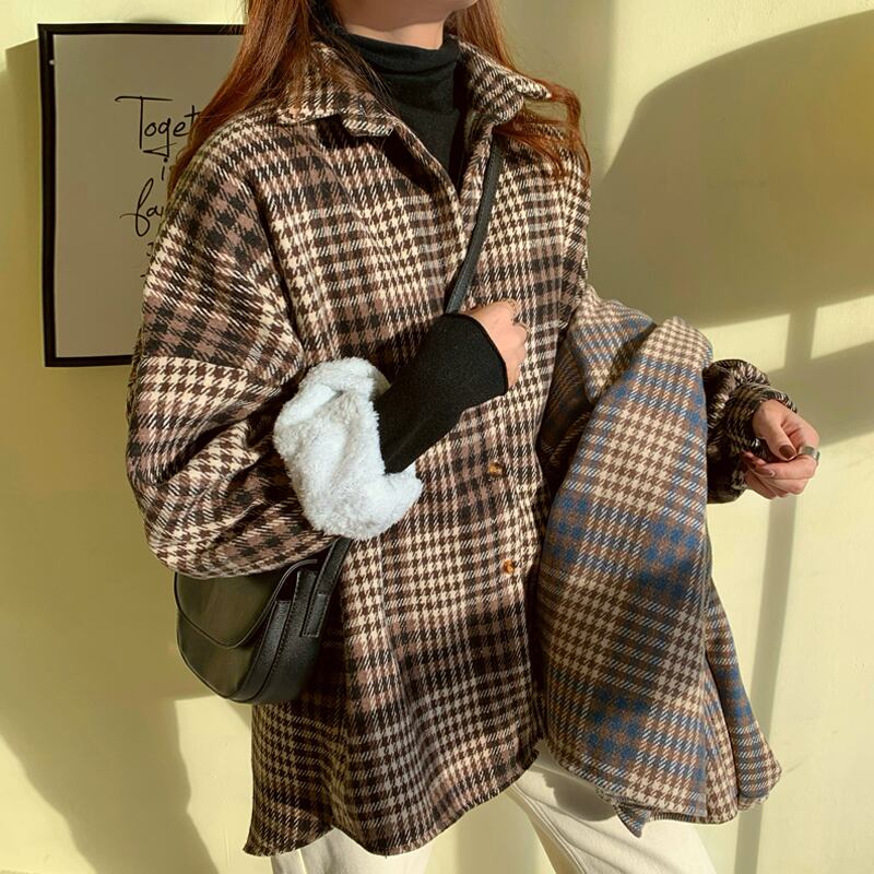 スプリングベルベットシャツ スタンダード格子柄トップス レトロ 春物 試着室12392589319