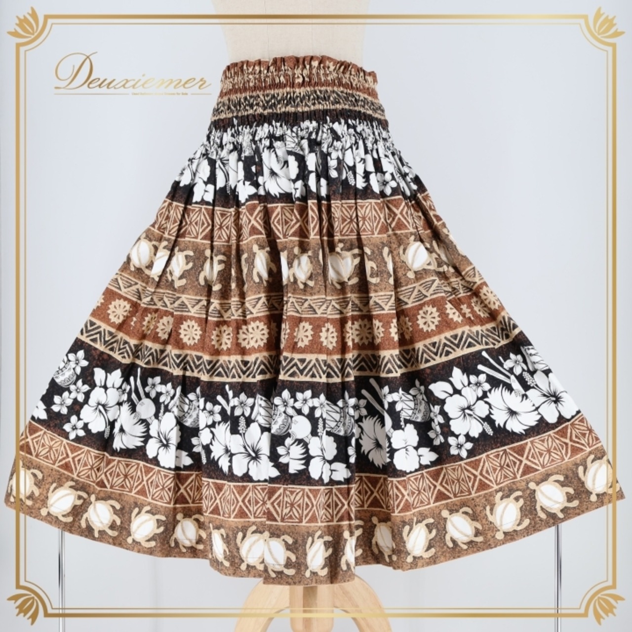 フラダンス 衣装 パウスカート ブラウン系 シングル ハイビスカス柄 プルメリア柄 ウミガメ柄 ホヌ柄 カヒコ柄 かわいい 華やか 鮮やか 明るい ハワイアン アロハ ハワイアンプリント フラ ダンス レッスン 練習 カジュアル フラスタイル