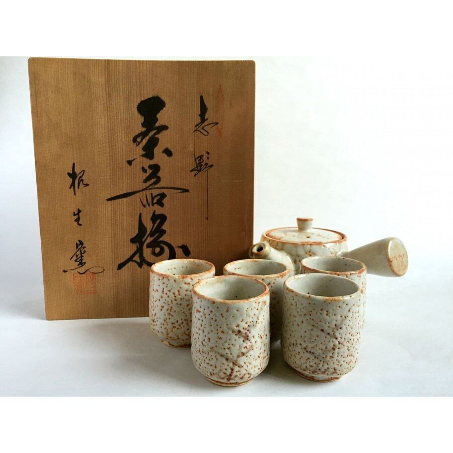 未使用品 美濃古窯 折戸根生窯 志野茶器揃（急須と湯呑5客セット） 共箱付 リサイクル