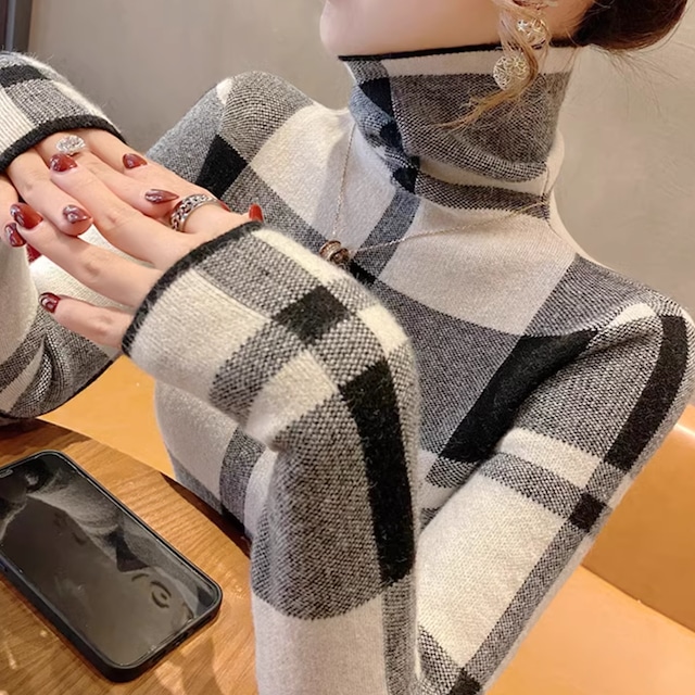 check pattern turtleneck tops m1069