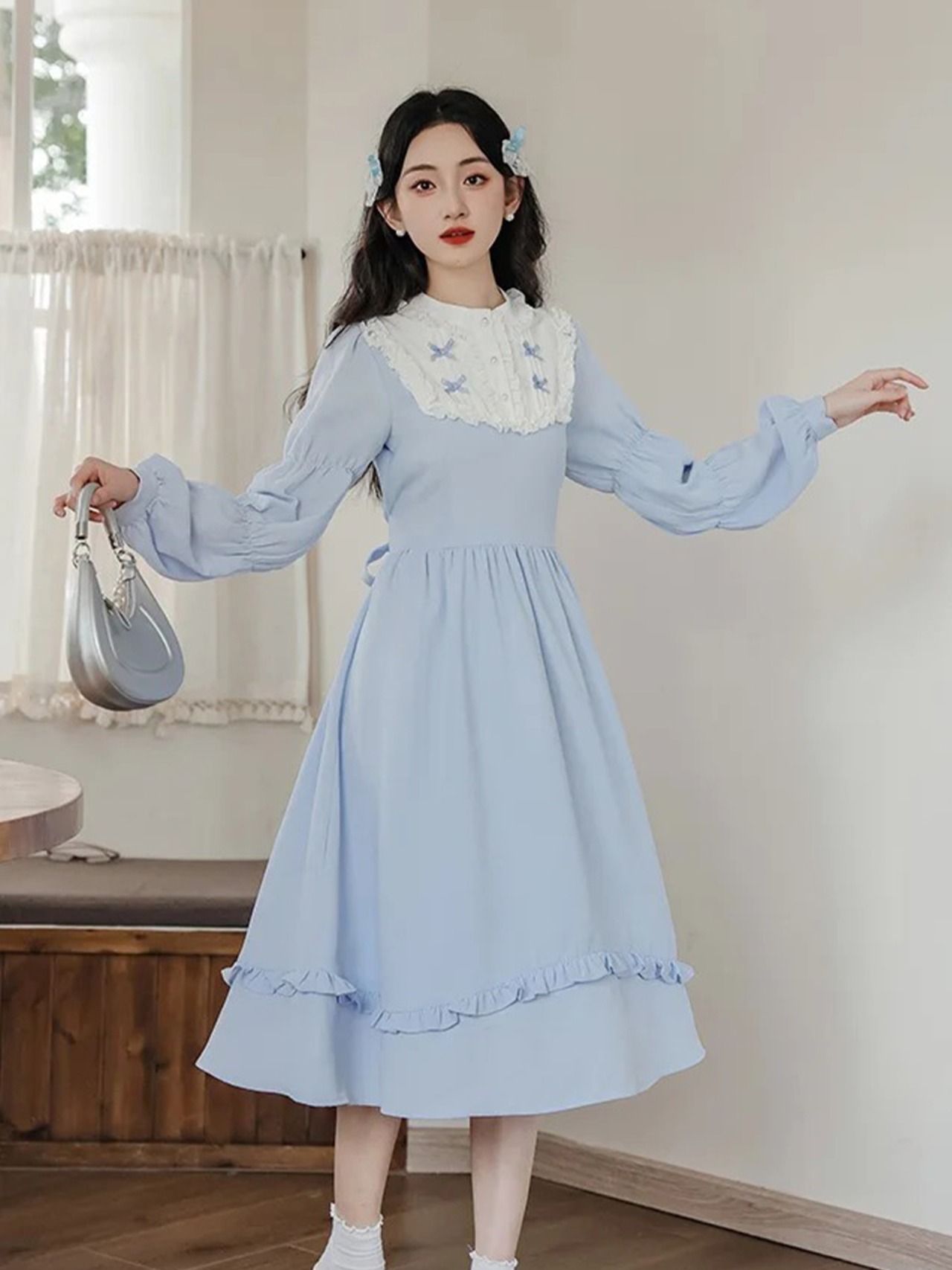 【0254】Frill Ribbon Neck Lolita Long Sleeve Dress