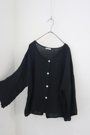 Euro black linen collarless blouse