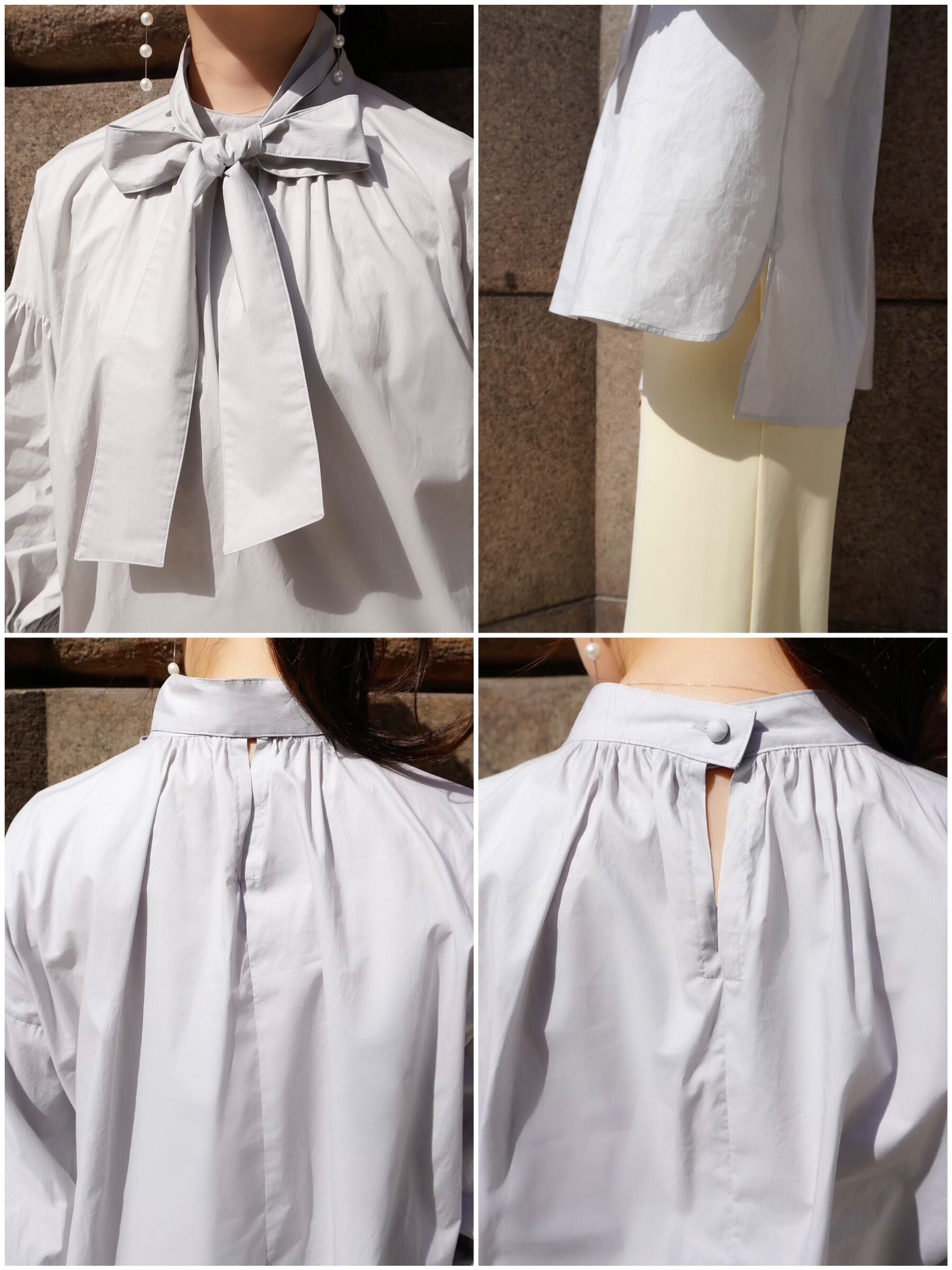 HYEON ヘヨン ribbon gather blouse / grey