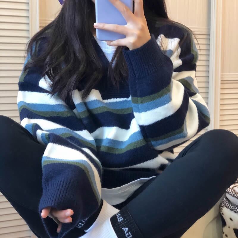 オータムスタイルスタンダードルーズストライプセーター レディース レトロ 秋物 萌量不足18078835412