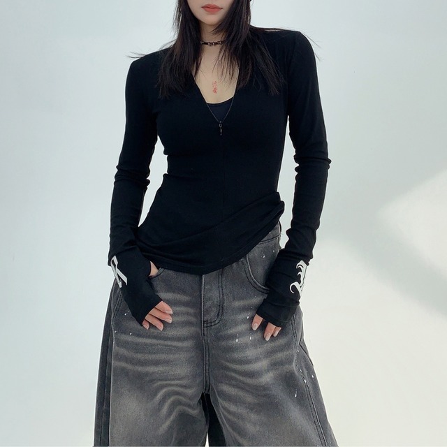 tight silhouette V-neck zipper　タイトシルエットVネックジッパー　J0666