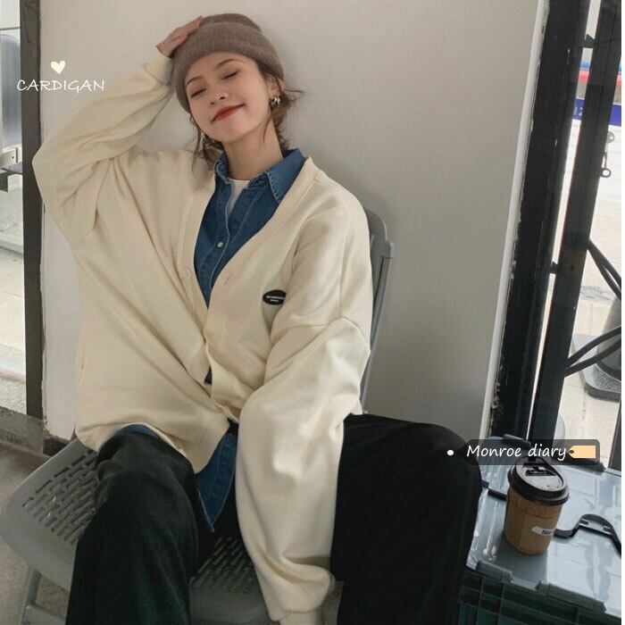 ホワイトジャケット オータムウィンターベルベットVネックカーディガンルーズトップス 秋物 冬物 モンロー13340408318