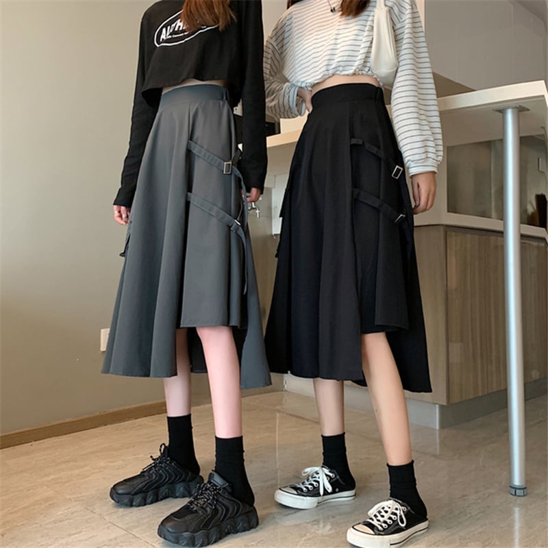 Yuannianシリーズ スカート 2color 個性的 不規則 原宿風 ボトムス ロング丈 Aライン ハイウエスト ブラック グレー Elegant