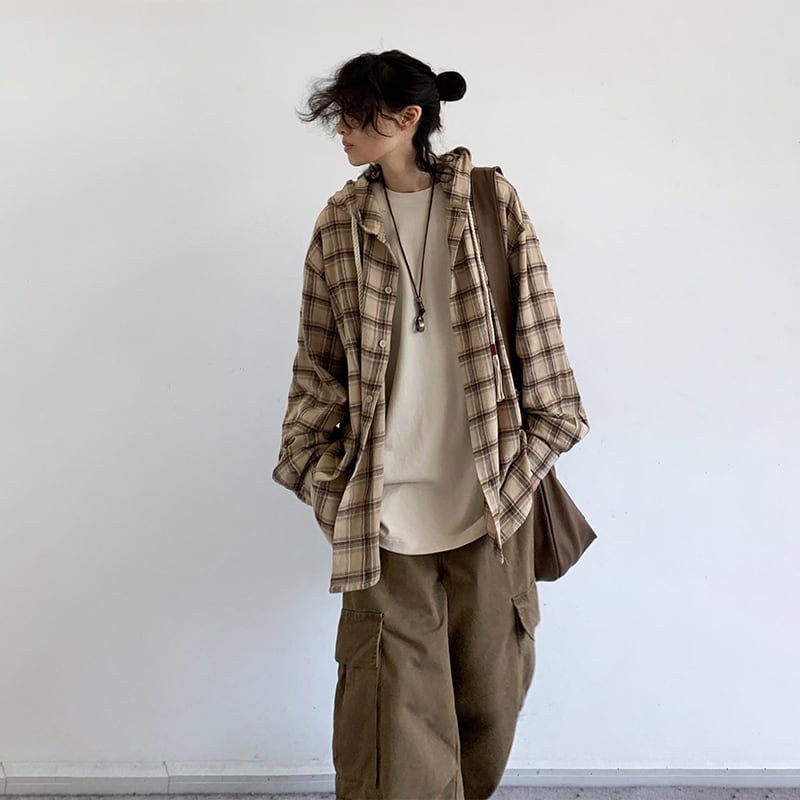 jiwuus茶色フード付きチェック柄長袖シャツ | mblueshop