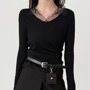 Mesh patchwork V-neck shirt in 3 colors S1824