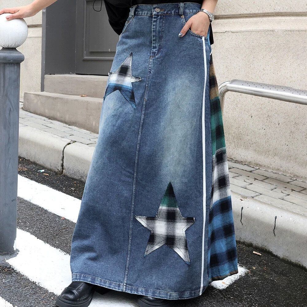 CHECKERED STITCH A-LINE MAXI DENIM SKIRT 3colors M-16263