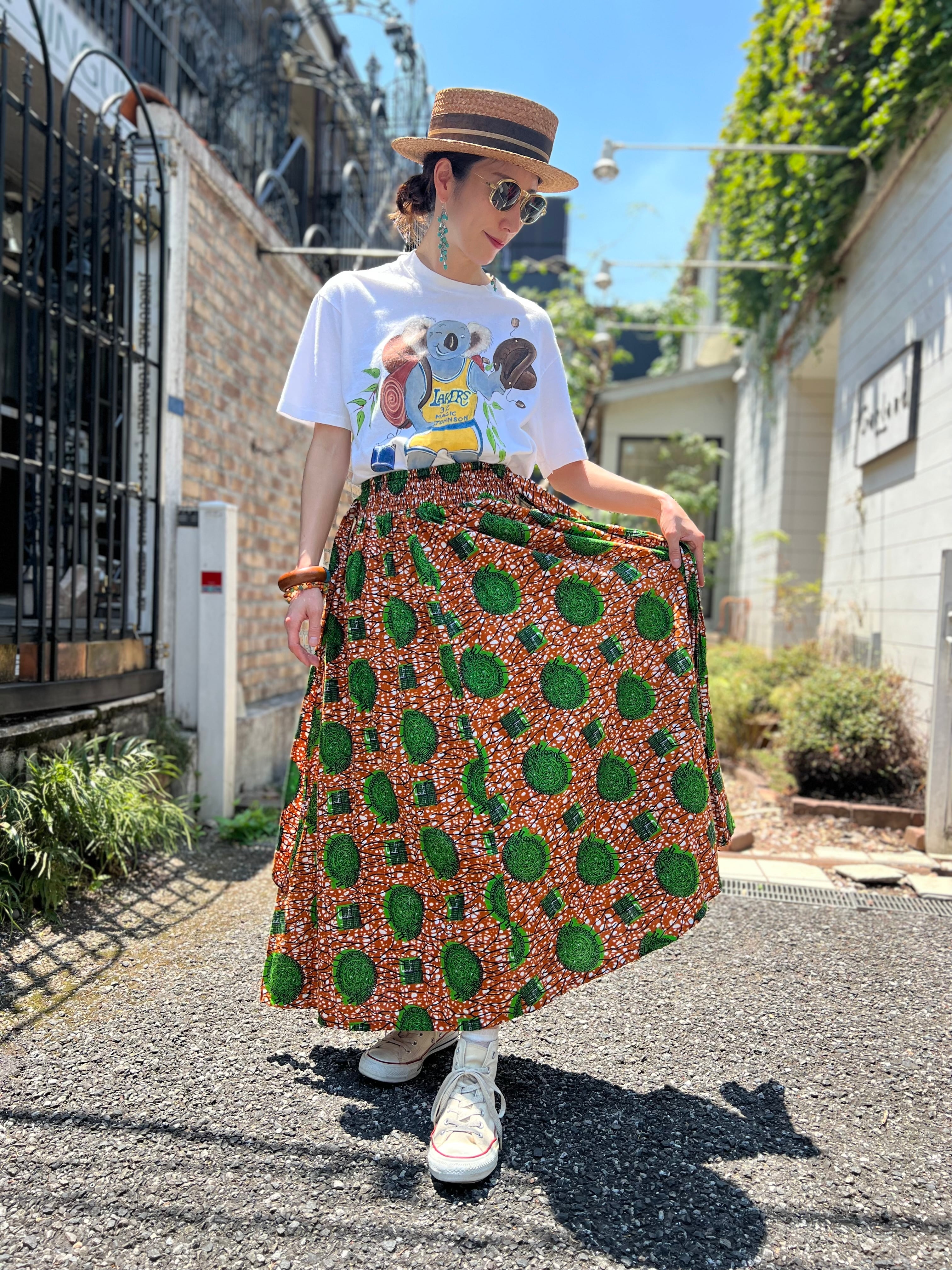Vintage african batik × katatsumuri print cotton skirt