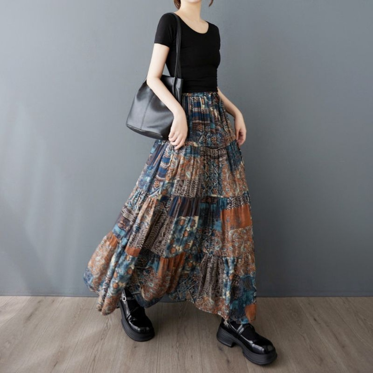 パッチワーク ティアード ロングスカート  00384