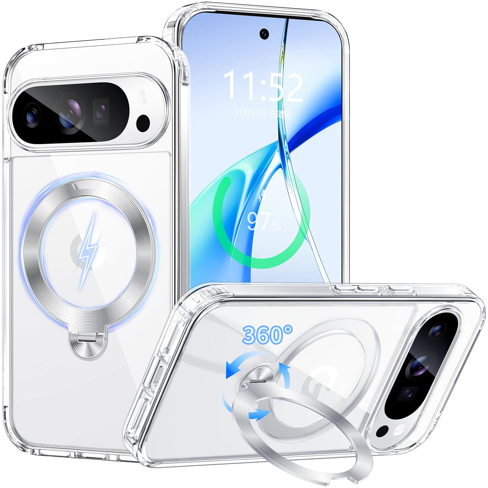 【360度回転スタンド・縦横両対応】PETORA Google Pixel 10/10 Pro 用ケース MagSafe対応 リング付き (クリア)