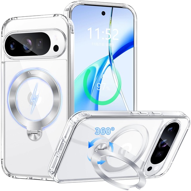 【360度回転スタンド・縦横両対応】PETORA Google Pixel 10/10 Pro 用ケース MagSafe対応 リング付き (クリア)