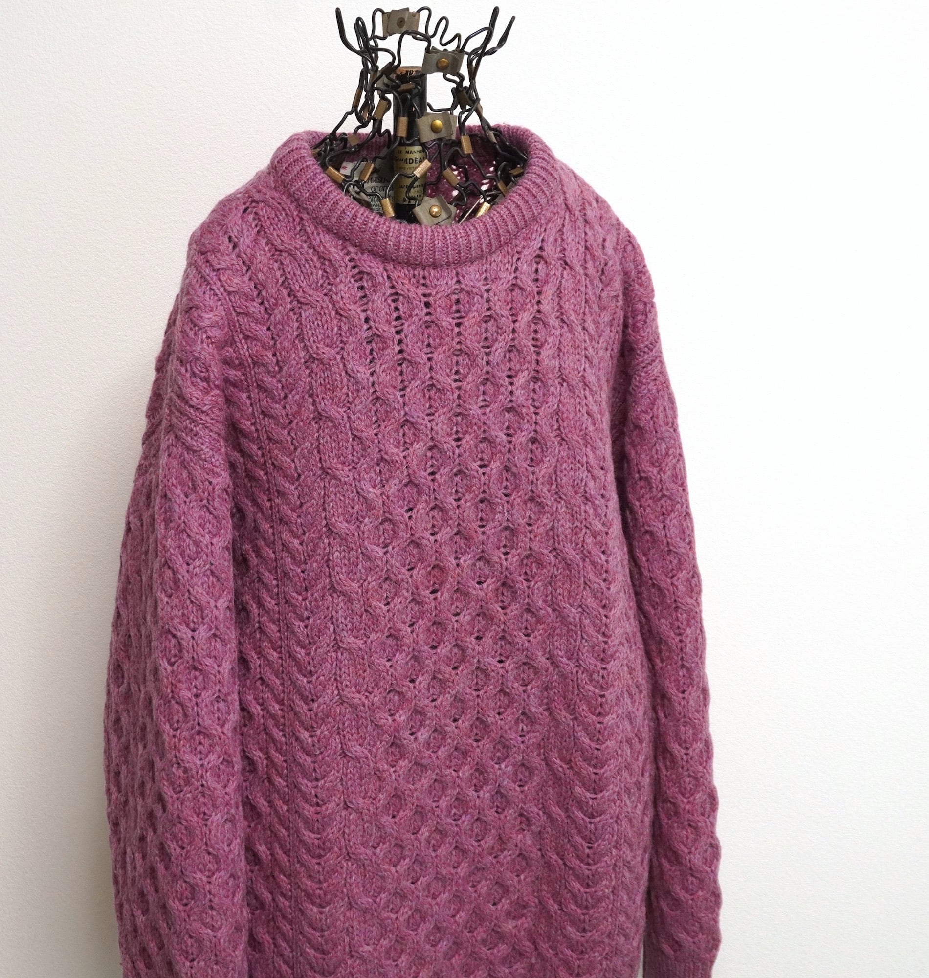 アランニット タートルネック セーター アイルランド製 100%ウール 紫 M 1980's IRELAND製 [Cladyknit] ケーブル&ハニカム アランニット