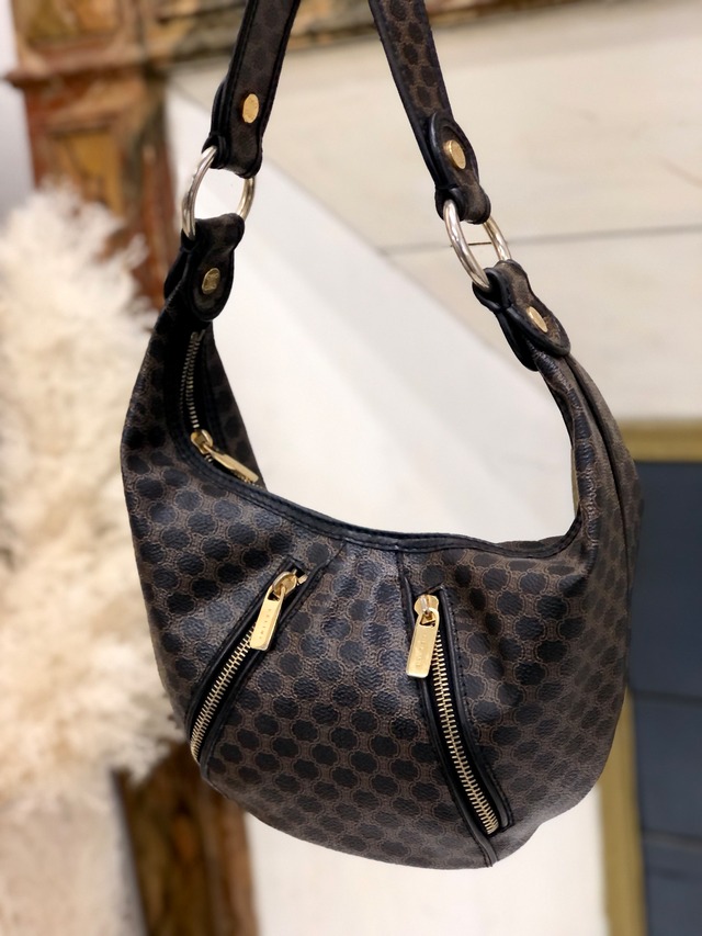 CELINE　セリーヌ　マカダム　フロントジップ　PVC×レザー　ホーボー　ショルダーバッグ　ブラック　vintage　ヴィンテージ　オールドセリーヌ　5hcxy3