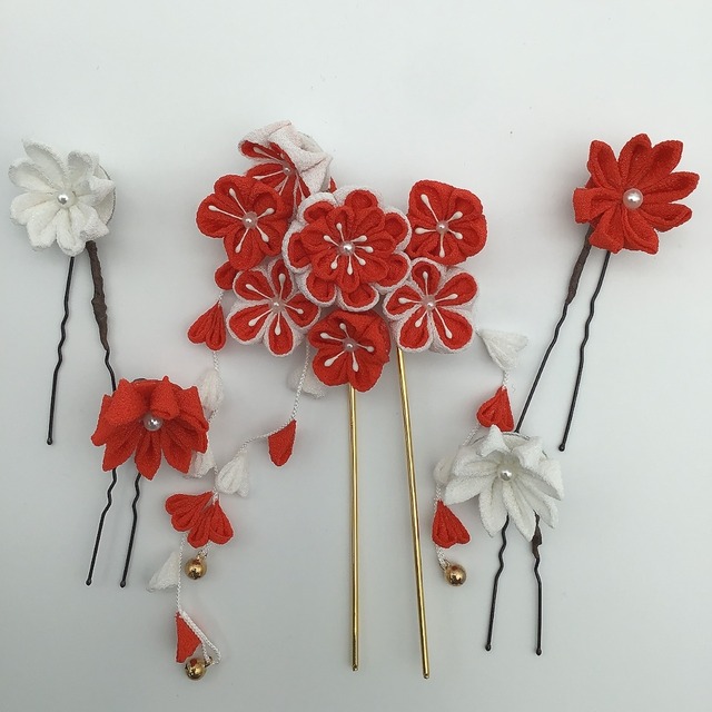 つまみ細工　かんざしセット　赤×白